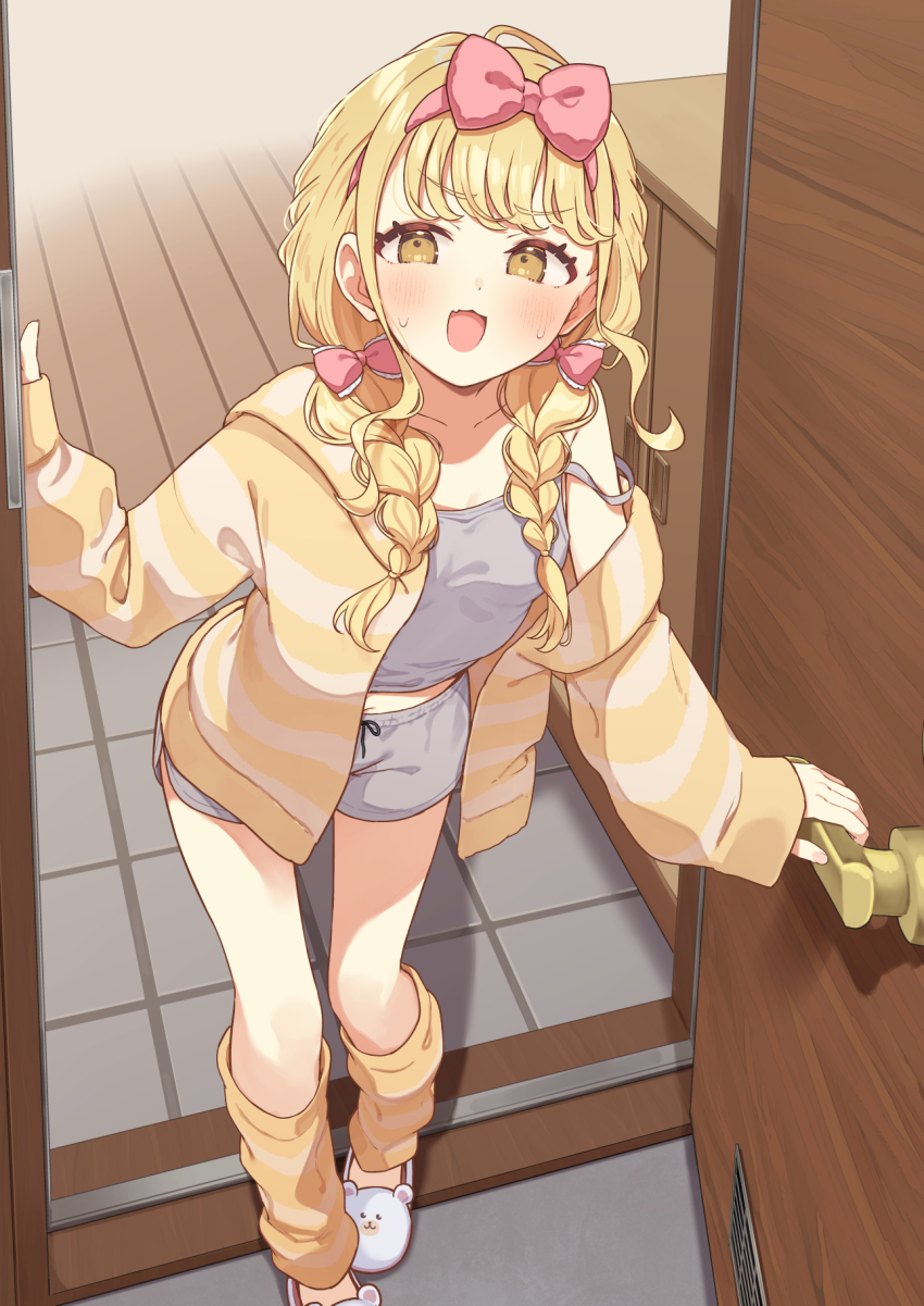 1girl animal_slippers bear_slippers blonde_hair blush bow braid breasts collarbone commentary_request dot_nose eyelashes fujita_kotone gakuen_idolmaster grey_shirt grey_shorts hair_bow highres idolmaster jacket leg_warmers legs long_hair long_sleeves looking_at_viewer low_twin_braids messy_hair monobe_tsukuri open_clothes open_jacket open_mouth opening_door pink_bow shirt shorts sidelocks slippers small_breasts solo sweat tank_top thighs twin_braids wooden_floor yellow_eyes yellow_jacket yellow_leg_warmers