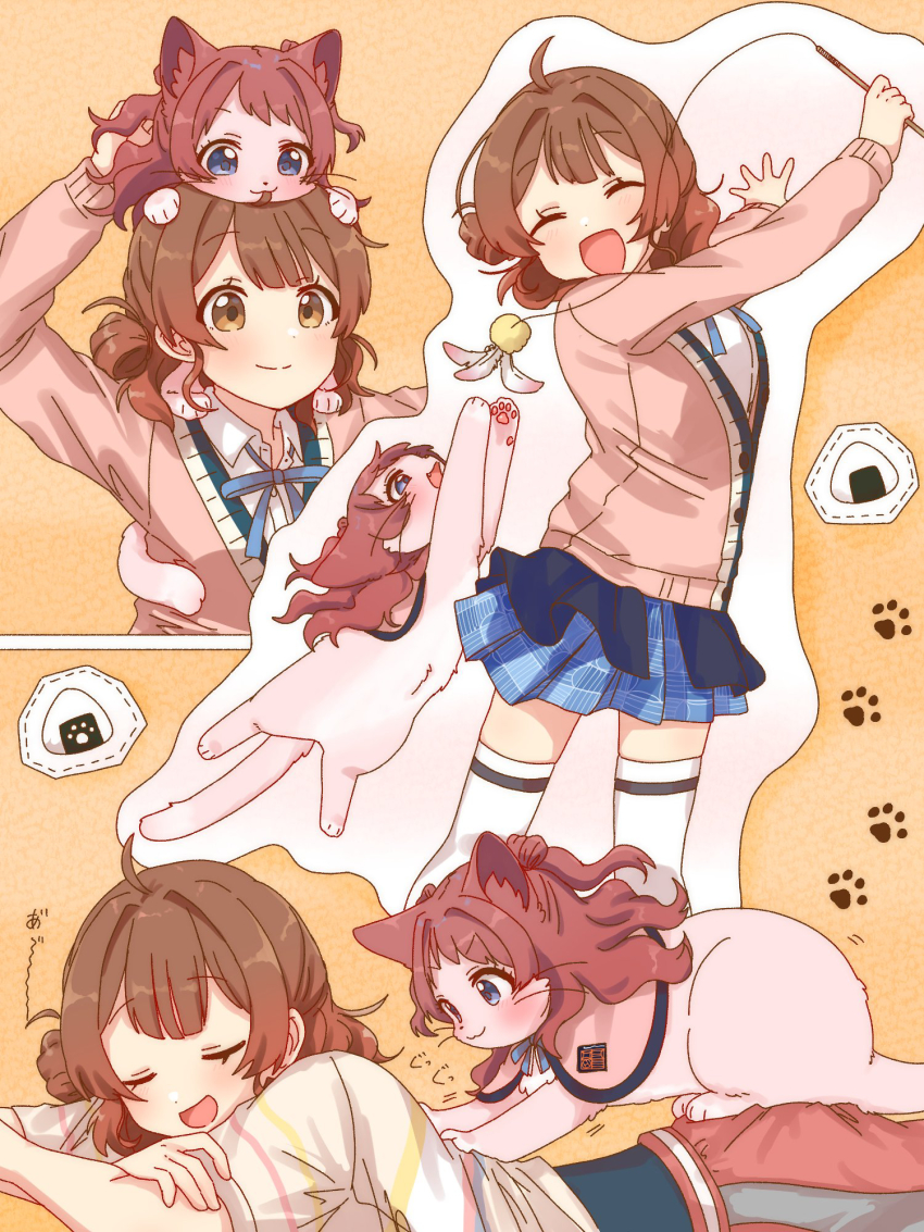 1girl ahoge animal animal_on_back animal_on_head animalization blue_eyes blue_overskirt blue_ribbon blue_skirt blush brown_eyes brown_hair cardigan cat_teaser closed_eyes closed_mouth commentary_request food gakuen_idolmaster hair_bun hanami_saki hanami_ume hatsuboshi_gakuen_school_uniform highres hutaba idolmaster jacket jacket_over_swimsuit licking lying multiple_views neck_ribbon on_head on_stomach onigiri open_mouth outline paw_print pink_cardigan red_hair ribbon school_uniform siblings single_side_bun sisters skirt smile swimsuit thighhighs white_outline white_thighhighs