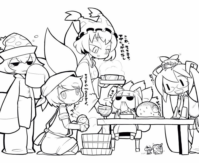 00s 6+girls bad_id bad_pixiv_id capcom character_request chibi female_focus greyscale hat hatsune_miku highres kagamine_rin katamari_damacy hsien-ko monochrome multiple_girls object_on_head rozen_maiden simple_background skirt souseiseki the_prince touhou translation_request ume_(noraneko) darkstalkers vocaloid white_background yakumo_ran