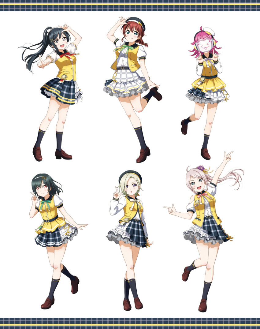 6+girls ahoge artbook black_hair blonde_hair blue_eyes bow braid brown_hair emma_verde frilled_skirt frills green_hair grey_eyes hat highres loafers long_hair looking_at_viewer love_live! love_live!_nijigasaki_high_school_idol_club mia_taylor mifune_shioriko mole mole_under_mouth multiple_girls non-web_source official_art open_mouth pink_hair ponytail purple_eyes red_eyes rina-chan_board shoes short_hair short_sleeves skirt smile socks standing tennoji_rina twin_braids twintails yuki_setsuna zhong_lanzhu