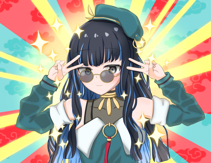1girl bare_shoulders beret black_hair blue_hair colored_inner_hair emotional_engine_-_full_drive fate/grand_order fate_(series) hat highres jacket jewelry long_hair looking_at_viewer looking_over_eyewear multicolored_hair neck_ring sei_shounagon_(fate) smile solo sparkle sparkling_aura sunglasses tenochtitlan_(fate) tenochtitlan_(second_ascension)_(fate) tinted_eyewear v