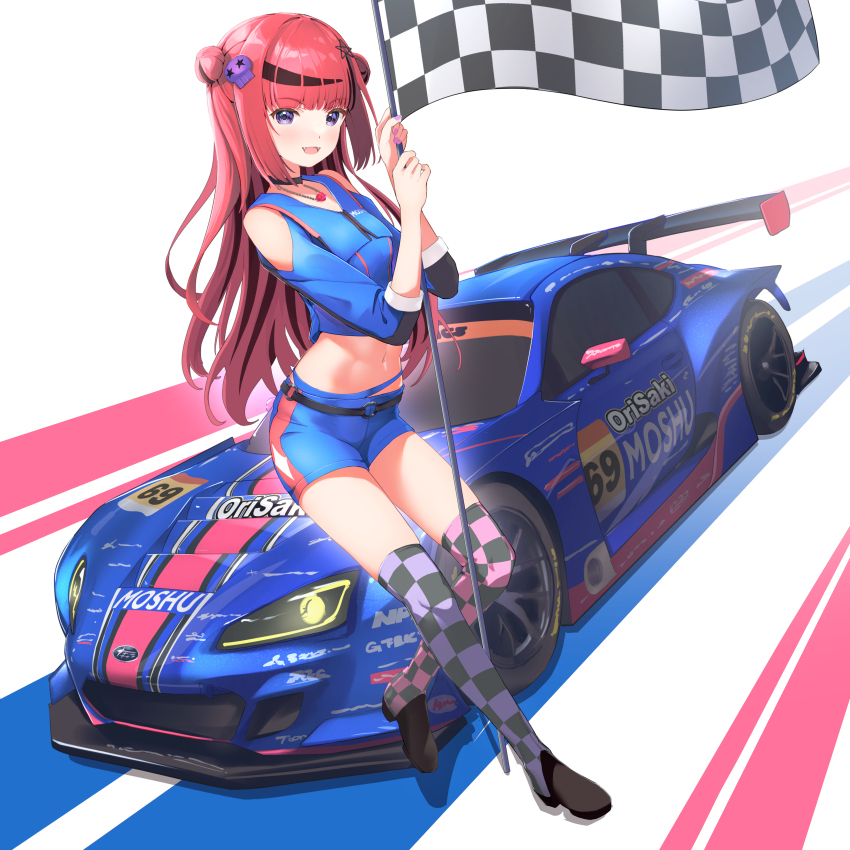1girl absurdres black_choker black_shoes black_thighhighs blue_car blue_shirt blue_shorts car character_request checkered_flag checkered_thighhighs choker clothing_cutout commentary_request copyright_request crop_top double_bun flag fujinomiya_rio full_body hair_bun high_heels highres holding holding_flag jewelry long_hair midriff motor_vehicle multicolored_thighhighs navel necklace over-kneehighs purple_thighhighs race_queen race_vehicle racecar red_hair shirt shoes short_shorts shorts shoulder_cutout solo spoiler_(automobile) standing subaru_(brand) subaru_brz thighhighs virtual_youtuber
