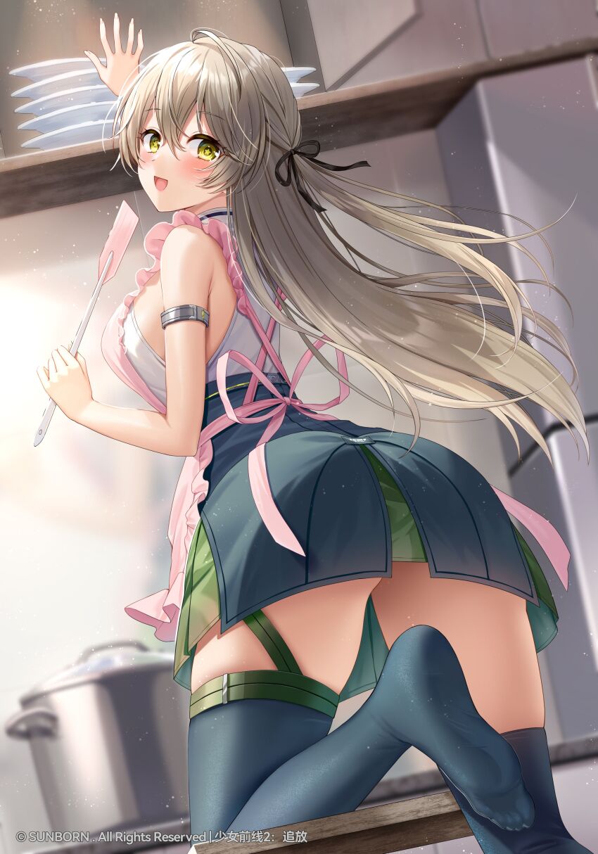 1girl absurdres apron armband bare_shoulders black_bow black_ribbon bow cowlick cupboard girls&#039;_frontline girls&#039;_frontline_2:_exilium green_eyes green_skirt grey_hair highres kitchen lainie_(girls&#039;_frontline_2) leg_up light_blush long_hair looking_at_viewer miniskirt no_shoes official_art open_mouth pink_apron pink_bow pink_ribbon plate plate_stack reaching ribbon shirt skirt sleeveless sleeveless_shirt soles spatula star-shaped_pupils star_(symbol) symbol-shaped_pupils thigh_strap thighhighs ump40_(girls&#039;_frontline) white_shirt