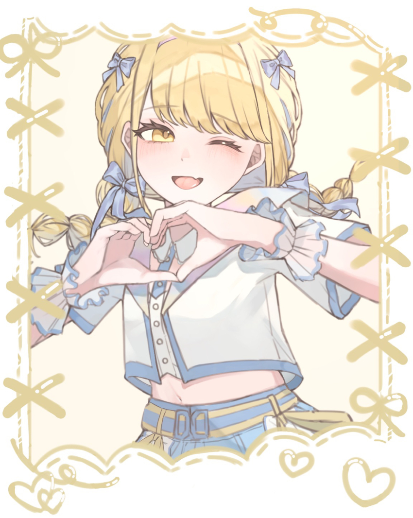1girl ;d banira_7 blonde_hair braid commentary crop_top cropped_jacket cropped_legs fang frilled_wristband fujita_kotone gakuen_idolmaster hair_ribbon heart heart_hands highres idolmaster jacket long_hair looking_at_viewer navel one_eye_closed open_mouth ribbon sekaiichi_kawaii_watashi_(idolmaster) short_sleeves skin_fang smile solo swimsuit twin_braids white_jacket yellow_eyes
