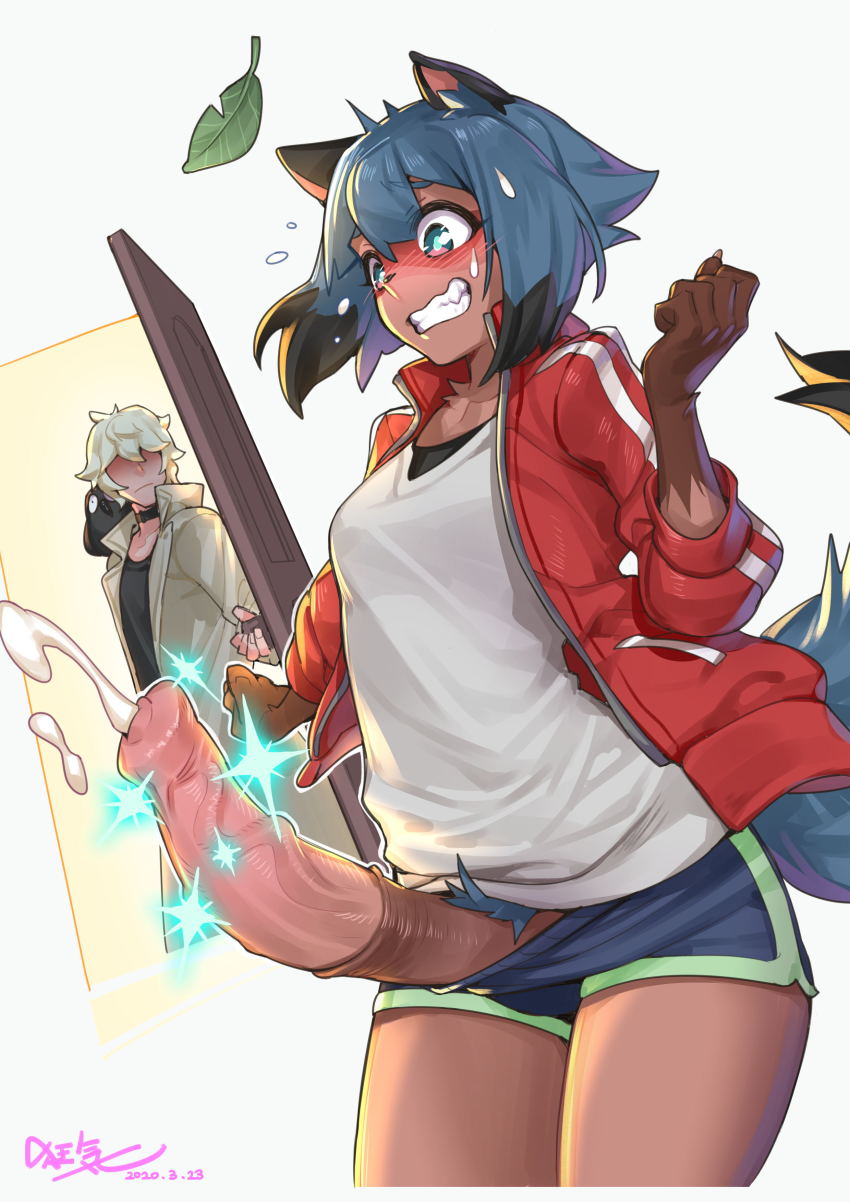 1boy 1futa absurdres animal_ears animal_penis black_hair blue_eyes blue_hair blush brand_new_animal breasts character_request clenched_teeth cum ejaculation erection fang furry furry_female futanari handsfree_ejaculation highres horse_penis jacket kagemori_michiru large_penis medium_breasts multicolored_hair ogami_shirou penis raccoon_ears raccoon_girl red_jacket red_track_suit short_hair shorts tail teeth track_jacket track_suit trevor25527766 veins veiny_penis