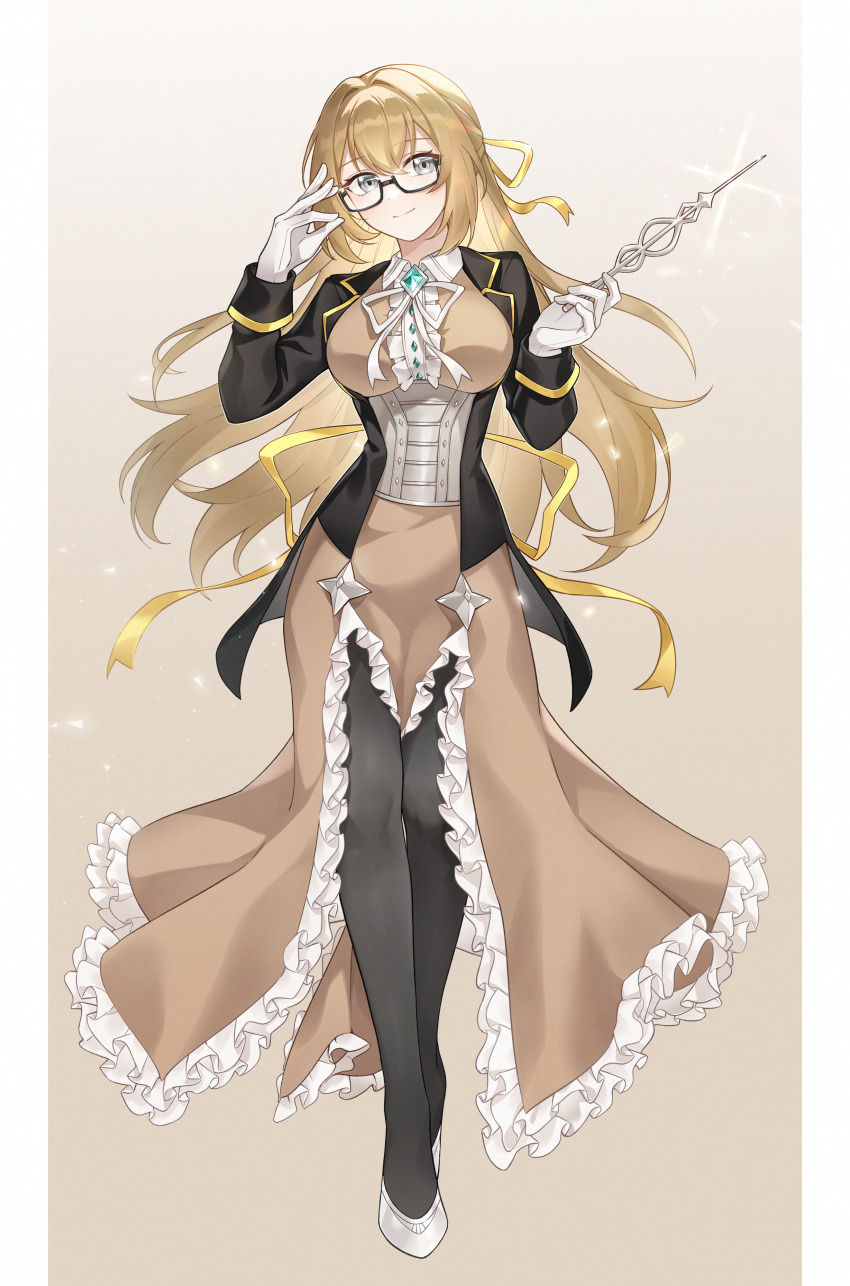 1girl absurdres adjusting_eyewear armored_corset black_jacket black_pantyhose blonde_hair breasts brown_background brown_dress closed_mouth commentary commission dress english_commentary frilled_dress frills full_body glasses gloves gradient_background grey_eyes hair_ribbon hamu_(rz_1023) hands_up high-low_dress highres holding holding_wand jacket large_breasts long_hair looking_at_viewer neck_ribbon original pantyhose pixiv_commission ribbon semi-rimless_eyewear shoes simple_background smile solo wand white_gloves white_shoes yellow_ribbon