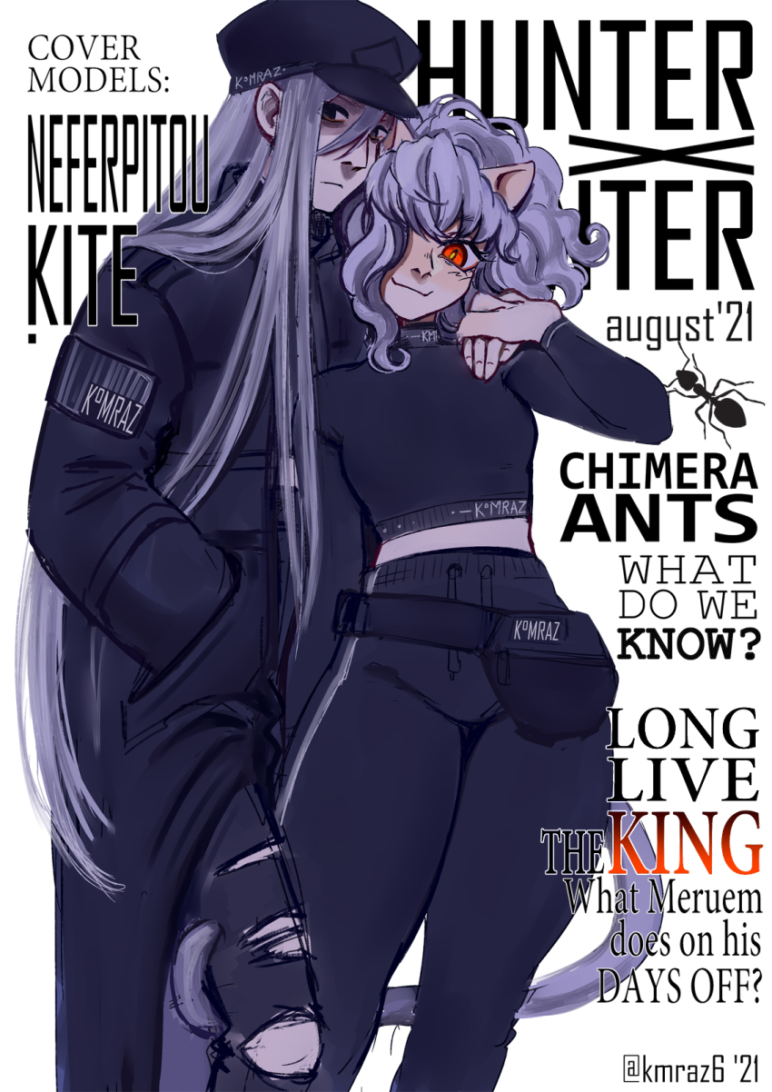 1boy 1other androgynous animal_ears ant breasts bug cat_ears cat_tail chimera_ant cover curly_hair english_text fake_magazine_cover hat highres holding hunter_x_hunter insect kite_(hunter_x_hunter) kmraz6 long_hair long_sleeves looking_at_viewer magazine_cover neferpitou red_eyes short_hair smile tail very_long_hair white_hair