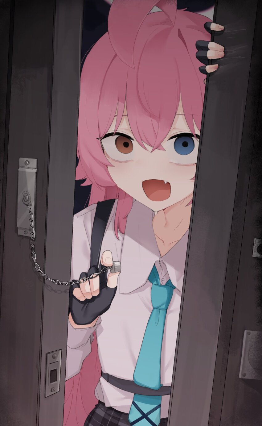 1girl ahoge black_gloves blue_archive blue_eyes blue_necktie chest_harness commentary doorway empty_eyes fang fingerless_gloves from_inside gloves gurenola harness heterochromia highres hoshino_(blue_archive) huge_ahoge lock long_hair long_sleeves looking_at_viewer necktie open_door open_mouth opening_door pink_hair pov_doorway school_uniform shirt shirt_tucked_in smile solo sweat upper_body white_shirt yandere
