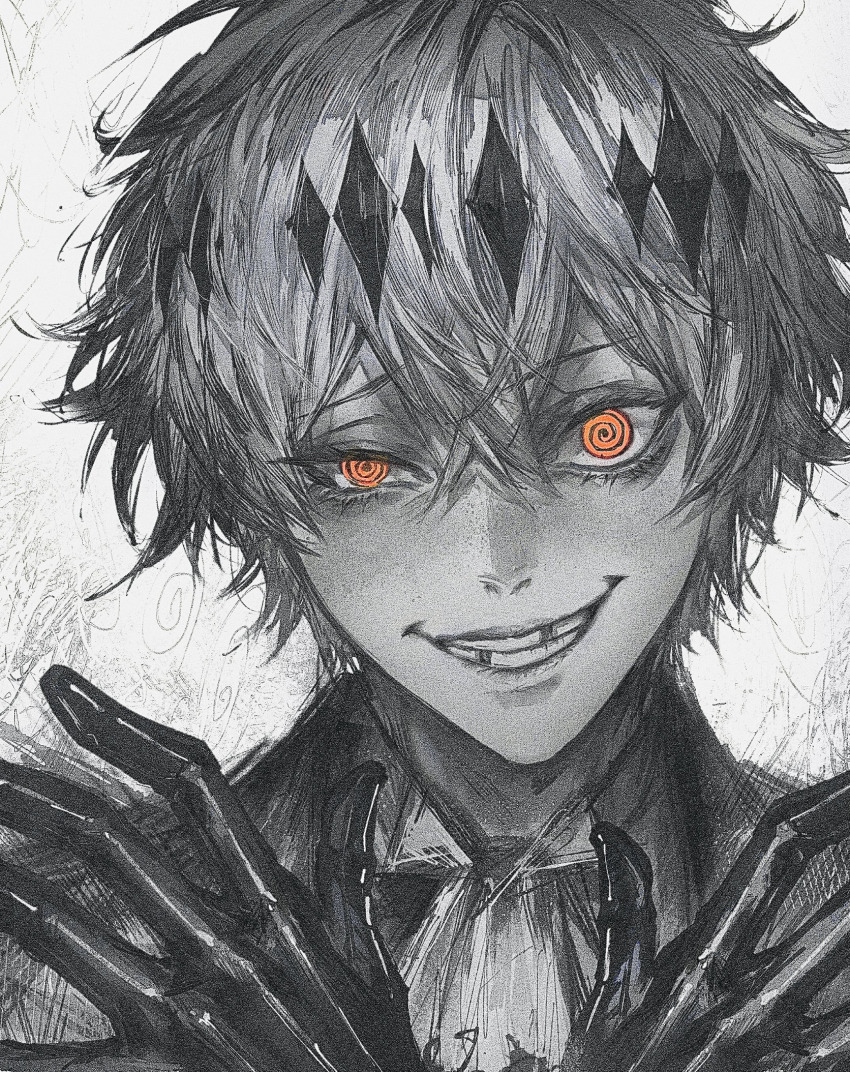 1boy @_@ commentary gloves grin highres ho9_999 jacket looking_at_viewer male_focus missing_tooth orange_eyes short_hair skully_j._graves smile solo spot_color symbol-only_commentary twisted_wonderland uneven_eyes upper_body white_background