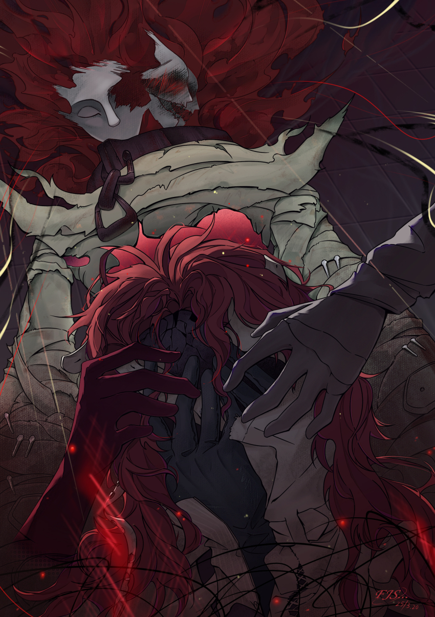 3boys absurdres aleph_(reverse:1999) artist_name behind_another black_gloves covering_face dated dutch_angle fjs... gloves hand_on_another&#039;s_face hands_on_own_face hands_up highres long_hair male_focus multiple_boys multiple_persona portrait red_gloves red_hair reverse:1999