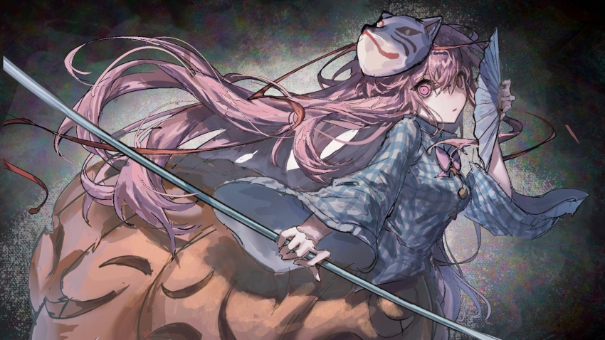 1girl blue_shirt bow bowtie breasts bubble_skirt chinese_commentary collared_shirt commentary_request crazy_eyes floating_hair folding_fan fox_mask from_side hair_between_eyes hand_fan hata_no_kokoro highres holding holding_fan holding_lead_pipe holding_weapon large_breasts lead_pipe long_hair long_sleeves looking_at_viewer mask mask_on_head parted_lips pink_bow pink_bowtie pink_eyes pink_hair plaid_clothes plaid_shirt shirt shui_fou skirt solo standing touhou very_long_hair weapon wide_sleeves yandere