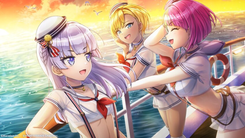 3girls bare_arms belt_buckle bird blonde_hair blue_eyes buckle choker closed_eyes cloud dolphin_wave green_hair handrail hat helly_lewis highres long_hair multicolored_hair multiple_girls murahaya_mashio navel ocean official_art ootomo_takuji open_mouth pleated_skirt purple_eyes purple_hair sailor sailor_collar schnee_weissberg short_hair short_sleeves skirt sunset two-tone_hair