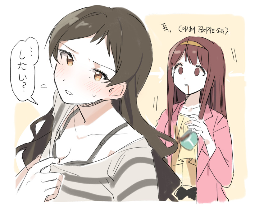 2girls blush bra breasts brown_eyes brown_hair cleavage coffee coffee_mug collarbone cropped_torso cup dropping empty_eyes hano9789 highres idolmaster idolmaster_million_live! jacket kitazawa_shiho long_hair long_sleeves mug multiple_girls pink_jacket shirt speech_bubble striped_clothes striped_shirt sweatdrop tanaka_kotoha underwear yuri