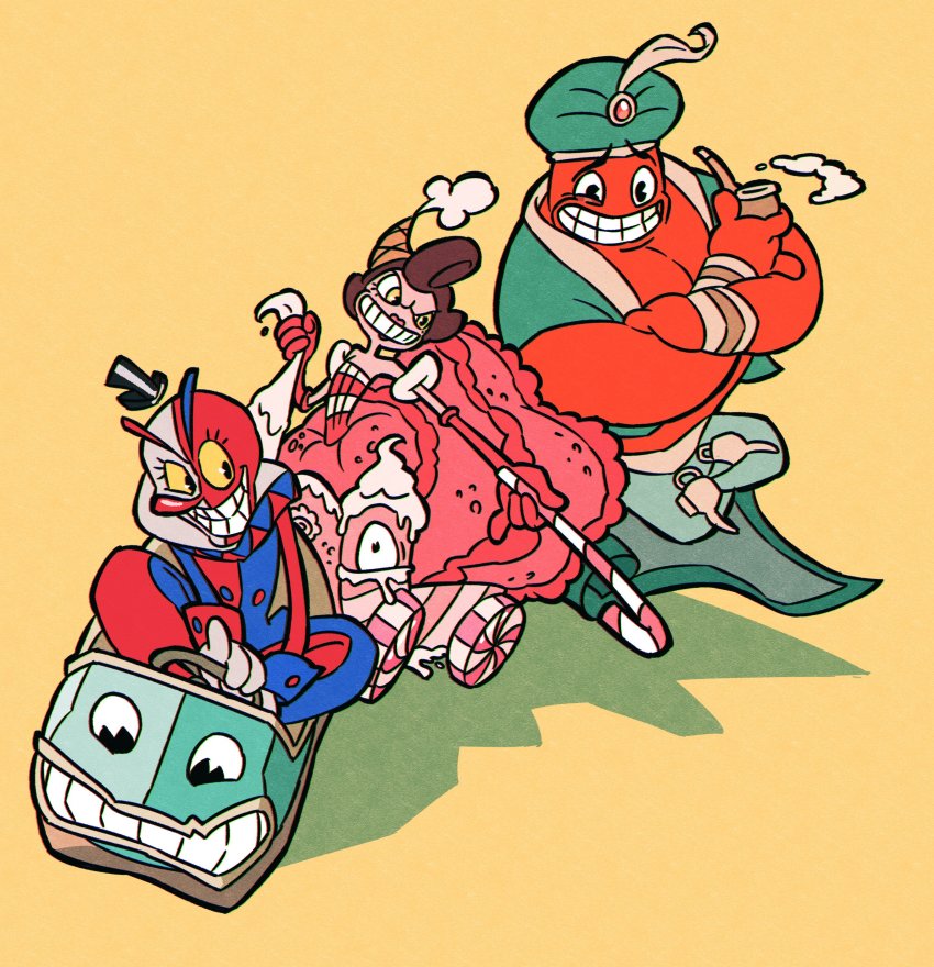 1girl 2boys absurdres arabian_clothes bad_id bad_twitter_id bald baroness_von_bon_bon beppi_the_clown brown_hair candy candy_cane cane car colored_skin cuphead_(game) djimmi_the_great food genie grin hat highres holding holding_smoking_pipe magic_carpet mini_hat mini_top_hat motor_vehicle multiple_boys oil_lamp pink_skin short_hair simple_background smile smoking_pipe top_hat turban uzura3026 vest yellow_background