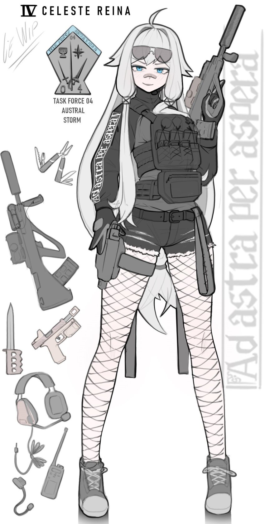 ahoge ammunition_pouch assault_rifle bandaid bandaid_on_face bandaid_on_nose belt black_gloves blue_eyes breast_press bulletproof_vest bullpup denim denim_shorts eyewear_on_head fanny_pack fishnet_pantyhose fishnets flashlight gloves grey_shirt gun handgun headphones highres holding holding_gun holding_weapon holster long_hair long_sleeves magazine_(weapon) neptune_zx original pantyhose patch pliers pouch radio reflex_sight rifle shirt shorts sidelocks smile steyr_aug sunglasses suppressor swiss_army_knife torn_clothes torn_shorts trench_knife very_long_hair weapon white_hair