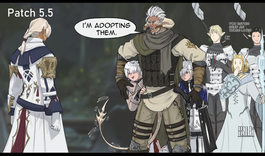 3girls 4boys :p absolem0 adoption alisaie_leveilleur allagan_tomestone alphinaud_leveilleur artist_name au_ra dark-skinned_male dark_skin elezen elf father_and_daughter father_and_son final_fantasy final_fantasy_xiv fourchenault_leveilleur highres hyur kan-e-senna multiple_boys multiple_girls pointy_ears scarf siblings staff taking_picture tongue tongue_out twins warrior_of_light_(ff14) white_hair