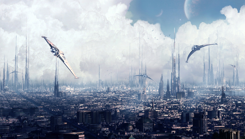 3d building canal city cityscape cloud cloudy_sky dome highres jfliesenborghs lake no_humans original planet scenery science_fiction sky skyscraper spacecraft star_(sky) starfighter tower