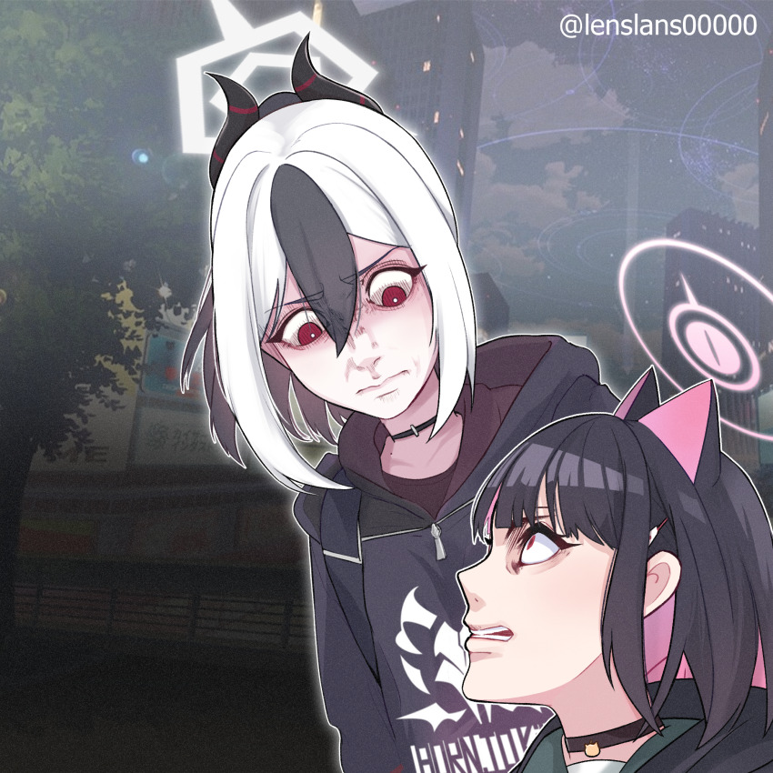 2girls 3: animal_ears black_choker black_hair black_jacket blue_archive blunt_bangs blurry bob_cut building cat_ears cat_girl choker cloud cloudy_sky colored_inner_hair commentary_request demon_girl demon_horns depth_of_field extra_ears hair_between_eyes hair_ornament hairclip halo highres hood hooded_jacket horns isayama_hajime_(style) jacket kayoko_(blue_archive) kazusa_(blue_archive) lenslans long_hair long_sleeves looking_at_another looking_down looking_up multicolored_hair multiple_girls night night_sky outdoors parody pendant_choker ponytail red_eyes scene_reference school_uniform serafuku shingeki_no_kyojin short_hair sidelocks sky skyscraper staring style_parody surprised two-tone_hair white_hair yelena_(shingeki_no_kyojin)