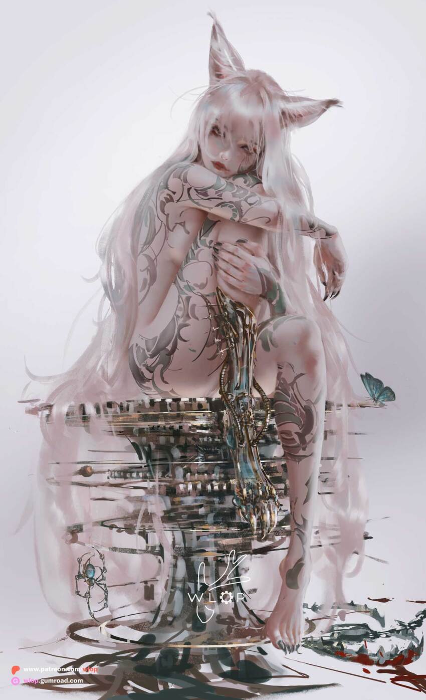 1girl absurdly_long_hair animal_ear_fluff animal_ears bear_trap black_nails blood breasts bug butterfly closed_mouth commentary english_commentary full-body_tattoo highres hugging_own_legs insect leg_armor long_hair long_tail looking_at_viewer medium_breasts nude original red_lips simple_background single_leg_armor sitting solo tail tattoo very_long_hair white_background white_hair wlop
