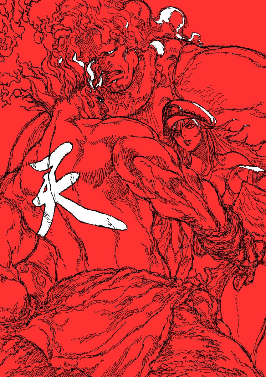 1girl 2boys absurdres akuma_(street_fighter) commentary english_commentary final_fight hat highres hugo_andore lineart long_hair mixed-language_commentary multiple_boys muscular muscular_male peaked_cap poison_(final_fight) red_background red_theme simple_background street_fighter yoshihara_motoki