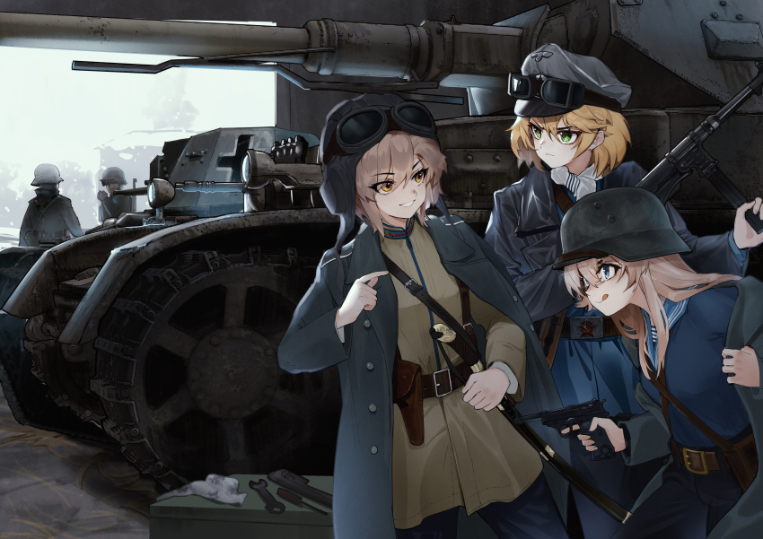 2boys 3girls absurdres belt belt_buckle blonde_hair blue_eyes blue_sailor_collar brown_hair buckle chinese_commentary coat combat_helmet cross epaulettes goggles green_eyes gun hammer_and_sickle handgun hat helmet highres holster iron_cross jacket luger_p08 military_coat military_vehicle motor_vehicle mp40 multiple_boys multiple_girls original panzer_ii panzer_iv peaked_cap red_star saber_(weapon) sailor sailor_collar serious shirt smile soviet_army stahlhelm star_(symbol) striped_clothes striped_shirt submachine_gun sword tank tank_helmet teeth telnyashka tongue tongue_out tuziki_sang weapon wehrmacht wrench