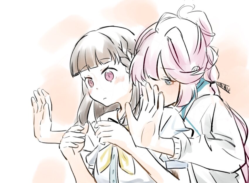 2girls ahoge anyoji_hime behind_another black_ribbon blue_eyes blush braid brown_hair center-flap_bangs closed_mouth commentary dress hair_ribbon hasu_no_sora_school_uniform highres hood hooded_jacket jacket kachimachi_kosuzu kisaragi_yukitora link!_like!_love_live! long_hair long_sleeves love_live! multi-tied_hair multiple_girls neckerchief open_clothes open_jacket orange_background pink_eyes pink_hair ponytail puffy_short_sleeves puffy_sleeves ribbon sailor_collar sailor_dress school_uniform short_sleeves side_braids summer_uniform symbol-only_commentary upper_body virtual_youtuber white_dress white_sailor_collar yellow_neckerchief