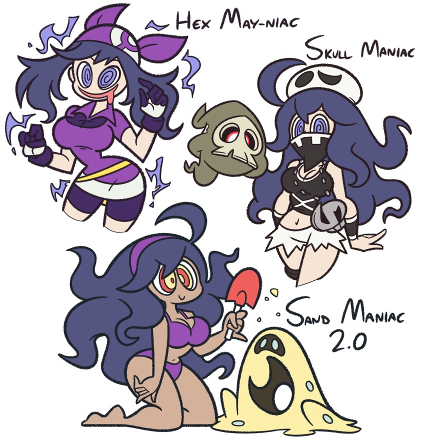 3girls @_@ ahoge alternate_breast_size armband bandana bikini breasts cosplay duskull english_text female_focus gen_3_pokemon gen_7_pokemon gloves hairband hex_maniac_(pokemon) highres hypnosis kneeling large_breasts long_hair may_(pokemon) may_(pokemon)_(cosplay) messy_hair mind_control multiple_girls navel nintendo npc_trainer open_mouth pokemon pokemon_oras pokemon_rse pokemon_sm pokemon_xy pun purple_eyes purple_hair sand sandygast shenanimation shorts shovel simple_background standing swimsuit tan team_skull team_skull_(cosplay) team_skull_grunt team_skull_grunt_(cosplay) white_background worktool