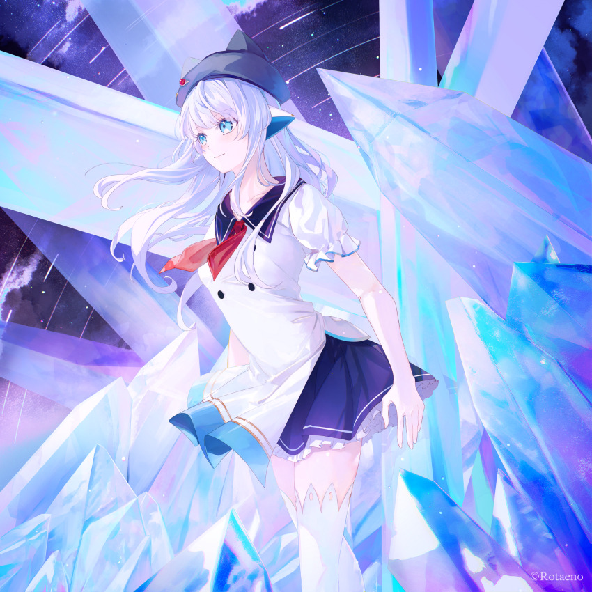 1girl beret black_hat blue_eyes blue_skirt closed_mouth collared_dress commentary_request crystal dress floating_hair grey_hair hat highres ilot_(rotaeno) long_hair official_art puffy_short_sleeves puffy_sleeves robot_ears rotaeno short_sleeves skirt smile solo thighhighs twitter_username white_dress white_thighhighs yuizayomiya