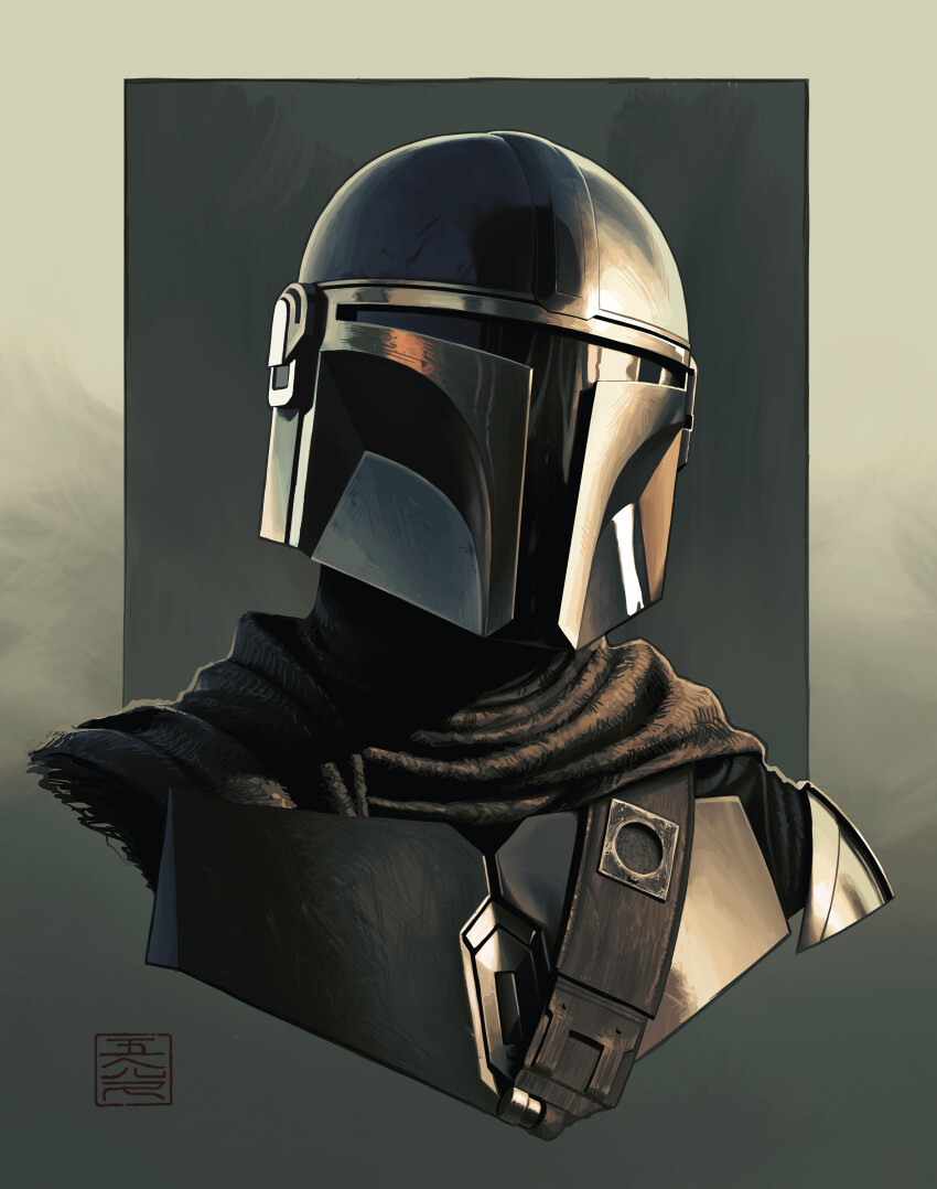 1boy 5health absurdres armor din_djarin grey_background helmet highres male_focus mandalorian mandalorian_helmet multicolored_background portrait signature solo star_wars the_mandalorian