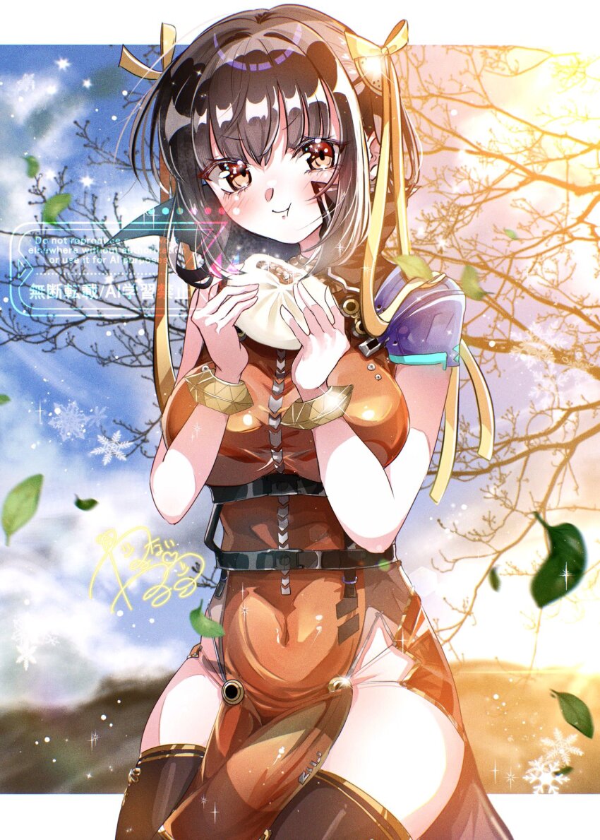 1girl armor steamed_bun black_hair breasts chest_harness china_dress chinese_clothes clothing_cutout dress food goslingwallows hair_ribbon harness heaven_burns_red highres large_breasts li_yingxia navel_cutout orange_eyes outdoors pelvic_curtain ribbon shoulder_armor side_slit sleeveless thighhighs yellow_ribbon