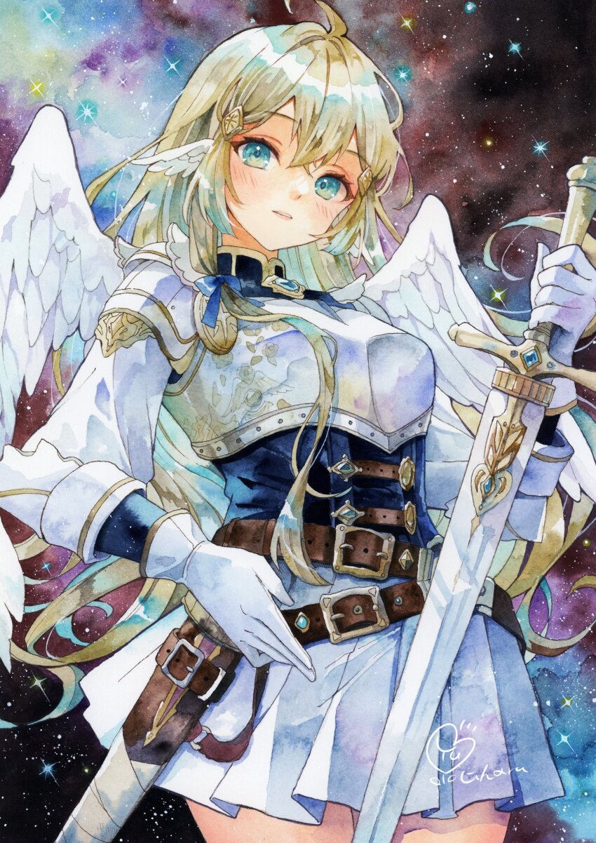 1girl :| ahoge arched_back arm_armor armor artist_name belt belt_buckle black_shirt blonde_hair blue_gemstone blue_ribbon breastplate breasts brown_belt brown_eyes buckle closed_mouth commentary_request cowboy_shot crossed_bangs cuirass ear_wings gem gloves highres holding holding_sword holding_weapon horns long_hair long_sleeves looking_at_viewer miniskirt original parted_lips pauldrons pleated_skirt ribbon shirt shoulder_armor sidelocks signature skirt sky solo space star_(sky) starry_sky sword weapon white_gloves white_skirt white_wings wings yuyuharu_1027