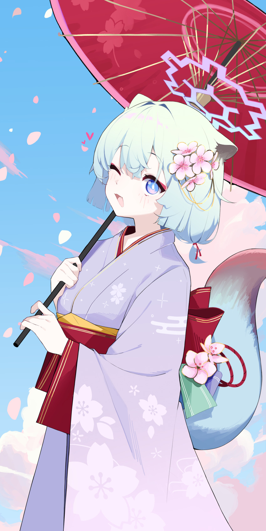 1girl ;d absurdres alternate_costume animal_ears back_bow blue_archive blue_eyes blunt_ends blush bow bright_pupils cherry_blossom_print cherry_blossoms commentary cowboy_shot day eyeliner fang floral_print floral_print_kimono flower from_side furisode hair_flower hair_intakes hair_ornament halo hands_up happy highres holding holding_umbrella japanese_clothes kimono looking_at_viewer makeup mona_kkkk oil-paper_umbrella one_eye_closed open_mouth outdoors petals pink_flower pink_halo print_kimono purple_kimono red_bow red_sash sash shigure_(blue_archive) short_hair smile solo tail tail_raised umbrella weasel_ears weasel_girl weasel_tail white_pupils