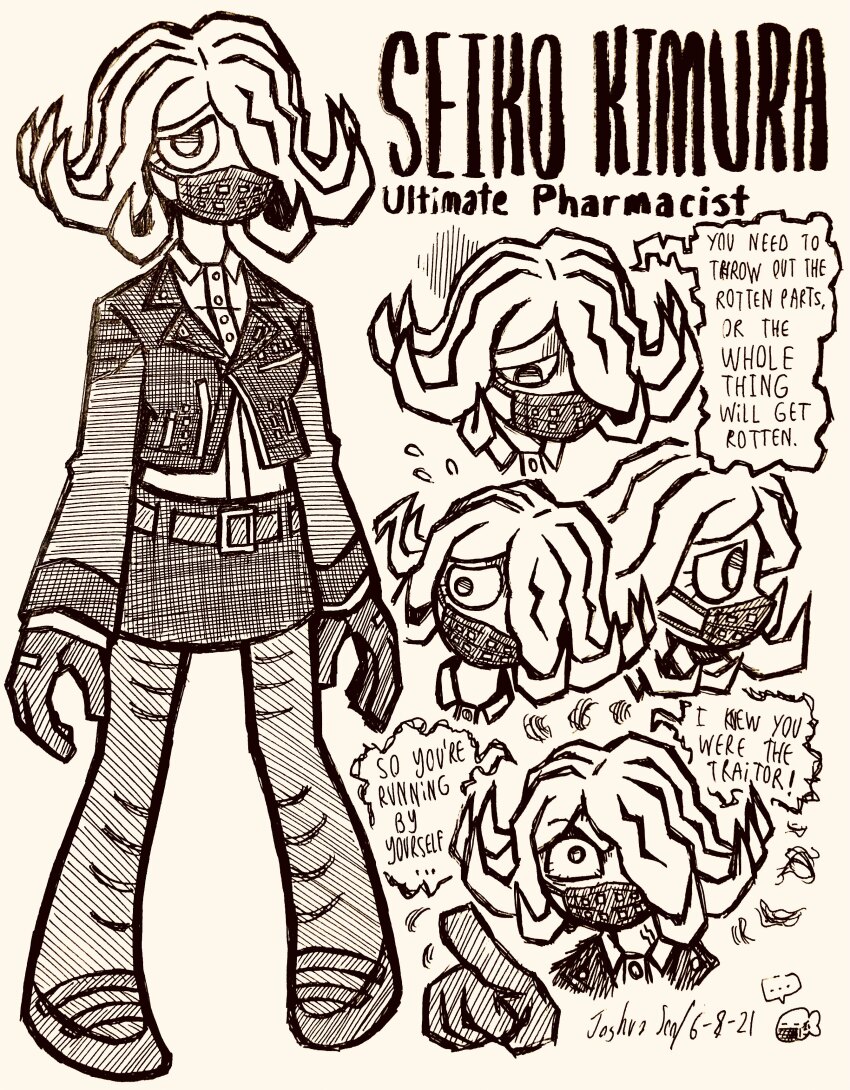 ... 1girl absurdres angry character_name danganronpa_(series) danganronpa_3_(anime) dated doodle_inset english_text eyelashes flying_sweatdrops full_body gloves greyscale hair_over_one_eye hatching_(texture) highres josh-s26 kimura_seiko long_sleeves mask medium_hair monochrome mouth_mask multiple_views shoes signature simple_background speech_bubble standing veins white_background