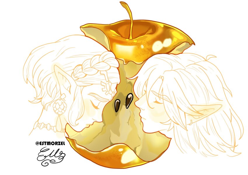 1boy 1girl apple apple_core appletrend braid choker circlet closed_eyes couple crown_braid earrings estmorzel food fruit hair_between_eyes hetero highres jewelry link medium_hair nintendo parted_bangs pointy_ears princess_zelda seed short_hair signature the_legend_of_zelda the_legend_of_zelda:_tears_of_the_kingdom twitter_username upper_body white_background