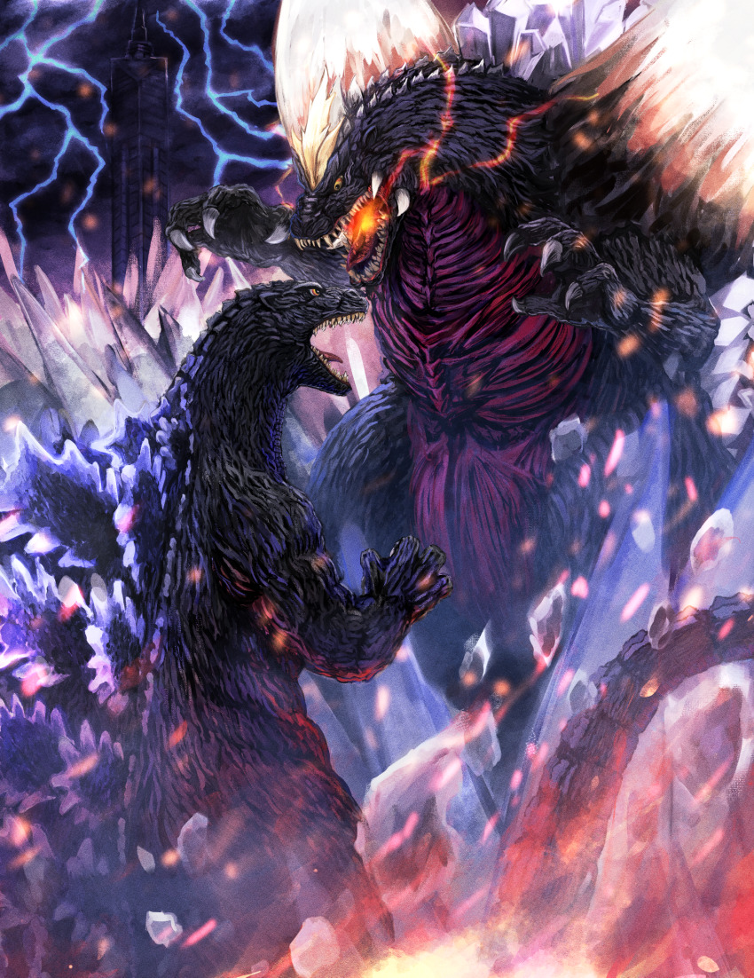 akito1218 alien building claws clone cloud cloudy_sky crystal crystal_fortress electricity embers energy fangs fukuoka_(city) fukuoka_tower giant giant_monster glowing glowing_crystal glowing_mouth glowing_spikes godzilla godzilla_(series) godzilla_vs._spacegodzilla highres horns kaiju lightning lightning_rod long_tail monochrome monster night no_humans open_mouth overcast real_world_location red_eyes roaring sharp_teeth shoulder_spikes sky skyscraper space_monster spacegodzilla spikes spines storm tail teeth toho tongue tower tusks yellow_eyes