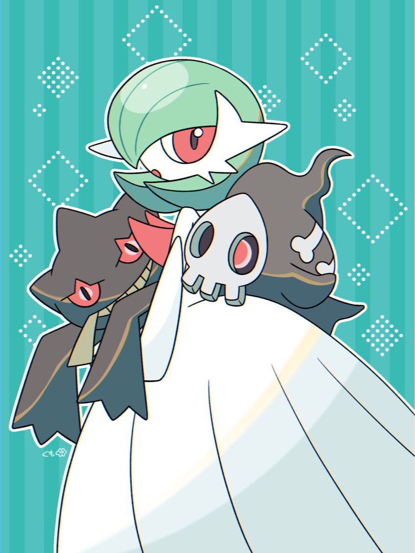 banette bob_cut colored_skin dress duskull gardevoir gen_3_pokemon green_background green_hair hair_over_one_eye highres kumo_o_o looking_at_viewer mega_gardevoir mega_pokemon nintendo pokemon pokemon_(creature) red_eyes striped_background white_dress white_skin