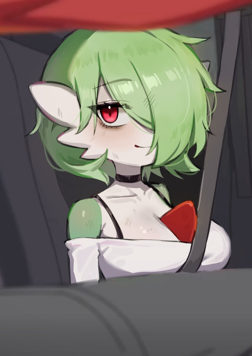 1girl black_choker bob_cut bra_strap breasts car_interior choker closed_mouth colored_skin eyeshadow fins gardevoir gen_3_pokemon green_hair green_skin hair_over_one_eye head_fins highres iffyru large_breasts looking_at_viewer makeup messy_hair multicolored_skin nintendo one_eye_covered pokemon red_eyes seatbelt smile solo two-tone_skin white_skin