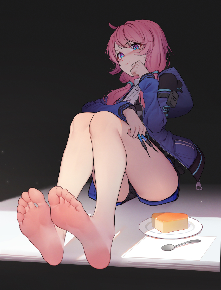 1girl :t absurdres arknights ass bare_legs barefoot between_fingers black_shorts blue_eyes blue_jacket blue_poison_(arknights) cake cake_slice dart feet food foot_focus foreshortening hair_over_shoulder hand_up highres holding hood hood_down hooded_jacket jacket jiachong_jun_z knees_up long_hair long_sleeves looking_at_viewer low_twintails pink_hair plate shirt short_shorts shorts sitting solo thighs toes twintails white_shirt