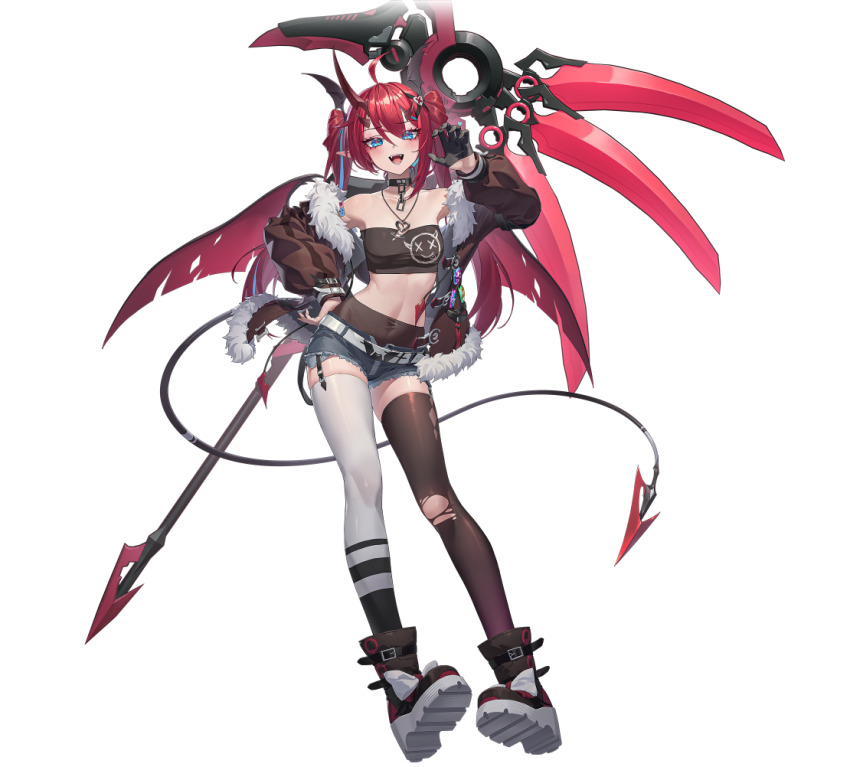 1girl :d ahoge asymmetrical_gloves asymmetrical_legwear bandeau bare_shoulders belt belt_buckle black_choker black_gloves black_jacket black_thighhighs blue_eyes blue_shorts boots breasts brown_jacket buckle chain chain_necklace choker claw_pose collarbone crop_top cutoffs demon_girl demon_horns demon_tail demon_wings denim denim_shorts emika_(starward) exposed_pocket fang fangs fingernails full_body fur-trimmed_jacket fur_trim garter_straps gloves hair_between_eyes hair_ornament hairclip hand_on_own_hip hand_up holding holding_scythe horns jacket jewelry long_hair long_sleeves looking_at_viewer micro_shorts midriff mismatched_legwear nail_polish navel necklace off_shoulder official_art open_clothes open_jacket open_mouth pantyhose red_hair scythe sharp_fingernails sharp_teeth shoes short_shorts shorts simple_background single_garter_strap single_glove single_leg_pantyhose single_thighhigh skindentation small_breasts smile solo spikes standing starward stomach stomach_tattoo strapless tachi-e tail tattoo teeth thighhighs thighs torn_clothes torn_pantyhose torn_thighhighs transparent_background tube_top twintails uneven_legwear virtual_youtuber weapon white_background white_belt white_thighhighs wings x_hair_ornament zipper zipper_pull_tab