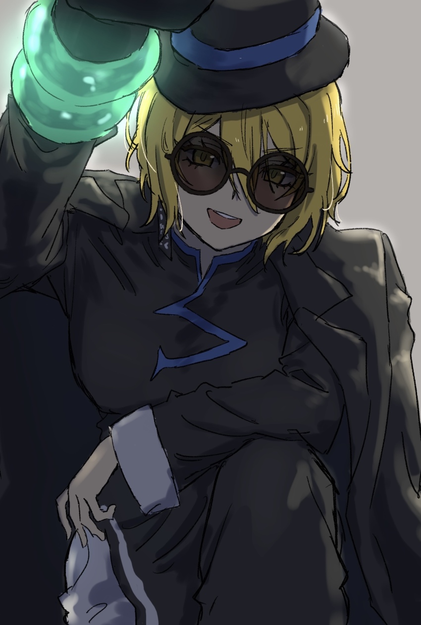 1girl black_coat black_dress black_gloves black_hat blonde_hair bracelet breasts china_dress chinese_clothes coat coat_on_shoulders don_quixote_(project_moon) dress earrings cinq_east_(identity)_(project_moon) gaipbqtnd335876 gloves grey_background hat headpat highres jewelry large_breasts limbus_company long_sleeves looking_at_viewer open_mouth partially_opaque_sunglasses pov project_moon round_eyewear short_hair simple_background single_earring single_glove smile solo sunglasses teeth tilted_headwear tilted_headwear upper_teeth_only yellow_eyes