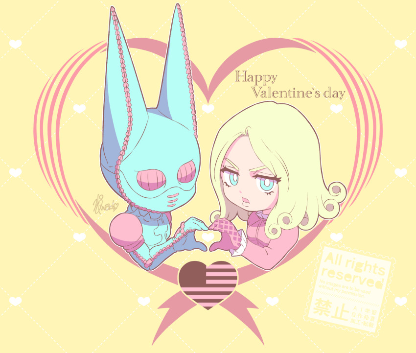 1boy 1other american_flag american_flag_print animal_ears blonde_hair blue_eyes blue_skin chibi coat colored_skin compound_eyes curly_hair dirty_deeds_done_dirt_cheap flag_print funny_valentine gloves happy_valentine heart heart_hands heart_hands_duo highres jojo_no_kimyou_na_bouken long_hair male_focus mask mixed-language_commentary mouth_mask open_mouth pink_coat pink_eyes pink_gloves rabbit_ears stand_(jojo) steel_ball_run ultrajony yellow_background