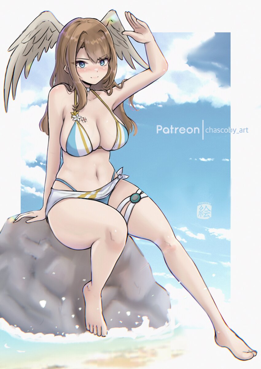 1girl absurdres beach bikini blue_eyes breast_tattoo breasts brown_hair chascoby cleavage eunie_(xenoblade) feet head_wings highres large_breasts legs looking_at_viewer navel ocean official_alternate_costume sarong sitting smile solo stomach swimsuit tattoo thighs water wings xenoblade_chronicles_(series) xenoblade_chronicles_3