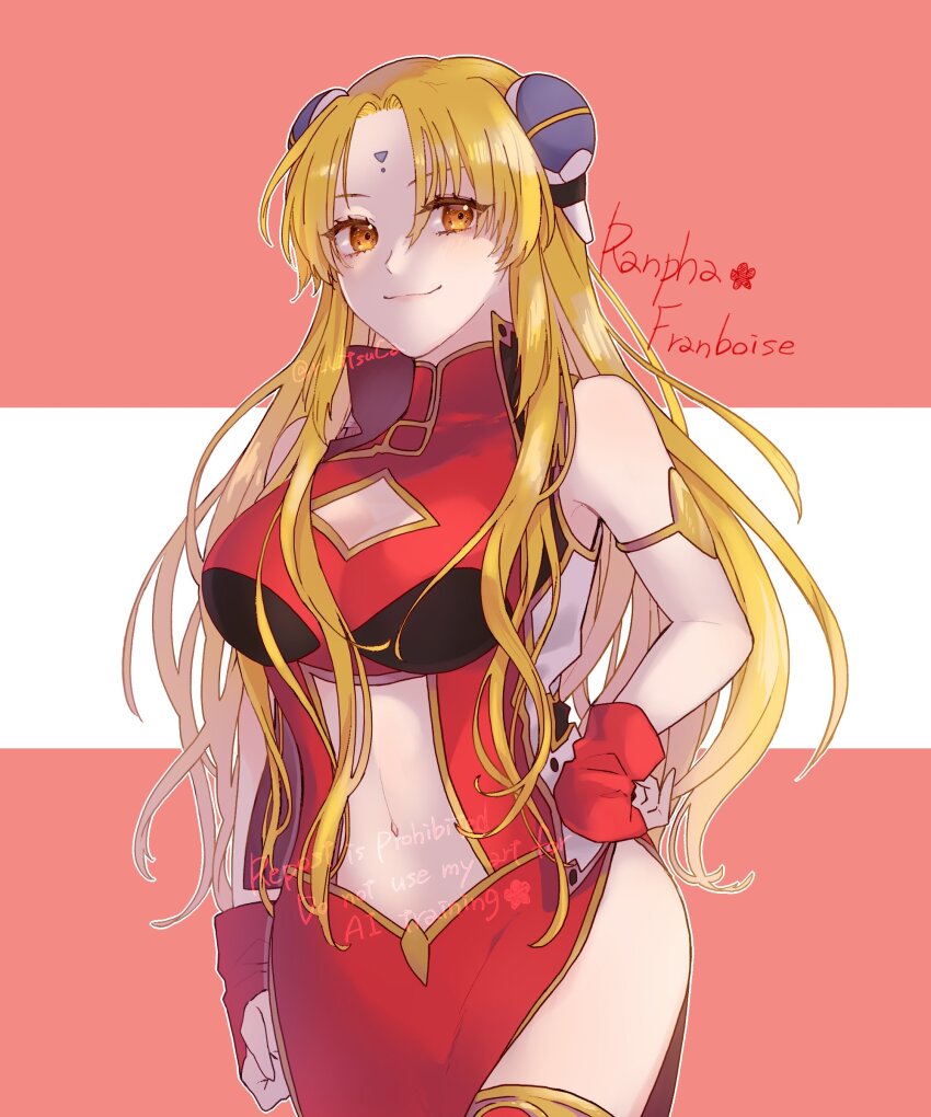 1girl absurdres blonde_hair breasts brown_eyes character_name china_dress chinese_clothes clothing_cutout cowboy_shot dress facial_mark fingerless_gloves galaxy_angel gloves hairpods hand_on_own_hip highres large_breasts light_smile long_hair looking_at_viewer navel_cutout ranpha_franboise red_gloves ritsu_(r_litsuca) solo