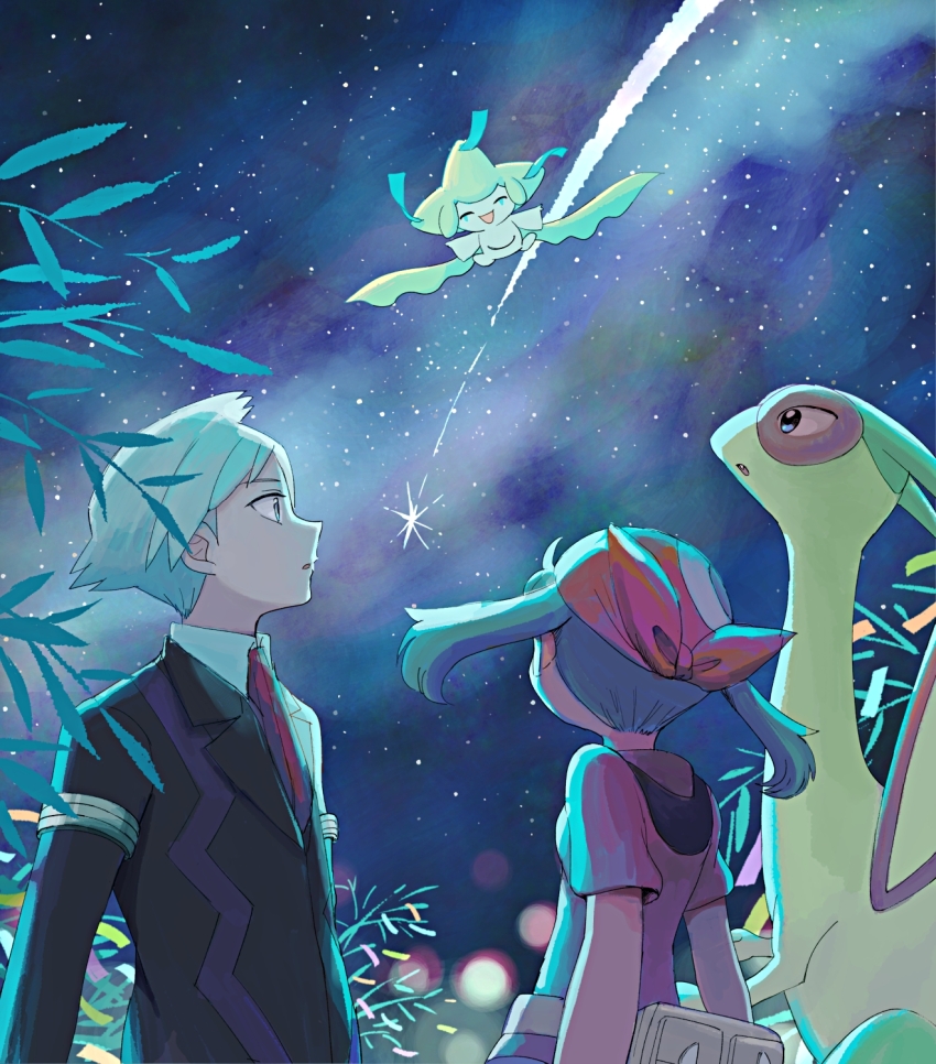 1boy 1girl ^_^ bag bandana black_jacket blue_hair brown_hair closed_eyes collared_shirt colored_skin commentary flygon formal_clothes game_freak gen_3_pokemon highres jacket jirachi legendary_pokemon light_blue_hair long_sleeves may_(pokemon) medium_hair mythical_pokemon night night_sky nintendo open_mouth parted_lips plant pokemon pokemon_(creature) pokemon_rse popcorn_91 red_bandana red_shirt shirt shooting_star short_hair short_sleeves sky star_(sky) starry_sky steven_stone suit tanabata tanzaku upper_body white_shirt white_skin yellow_bag