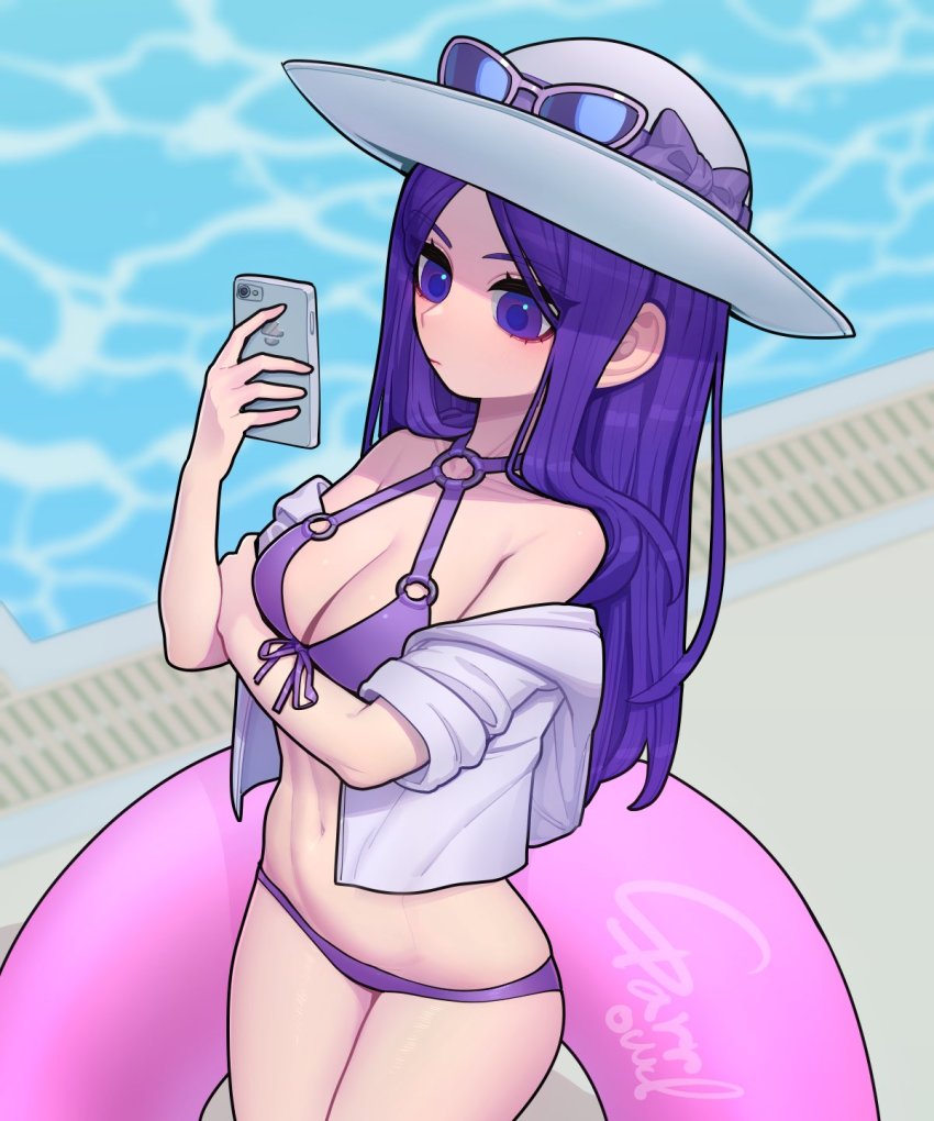 1girl bikini blurry blurry_background bow breasts caitlyn_(league_of_legends) cellphone cleavage closed_mouth cowboy_shot depth_of_field eyewear_on_headwear grey_jacket hand_up hat hat_bow highres holding holding_phone innertube jacket long_hair looking_at_phone navel off_shoulder open_clothes open_jacket original phone pool pool_party_caitlyn purple_bikini purple_bow purple_eyes purple_hair signature smartphone solo sparrowl standing sun_hat sunglasses swim_ring swimsuit white_hat