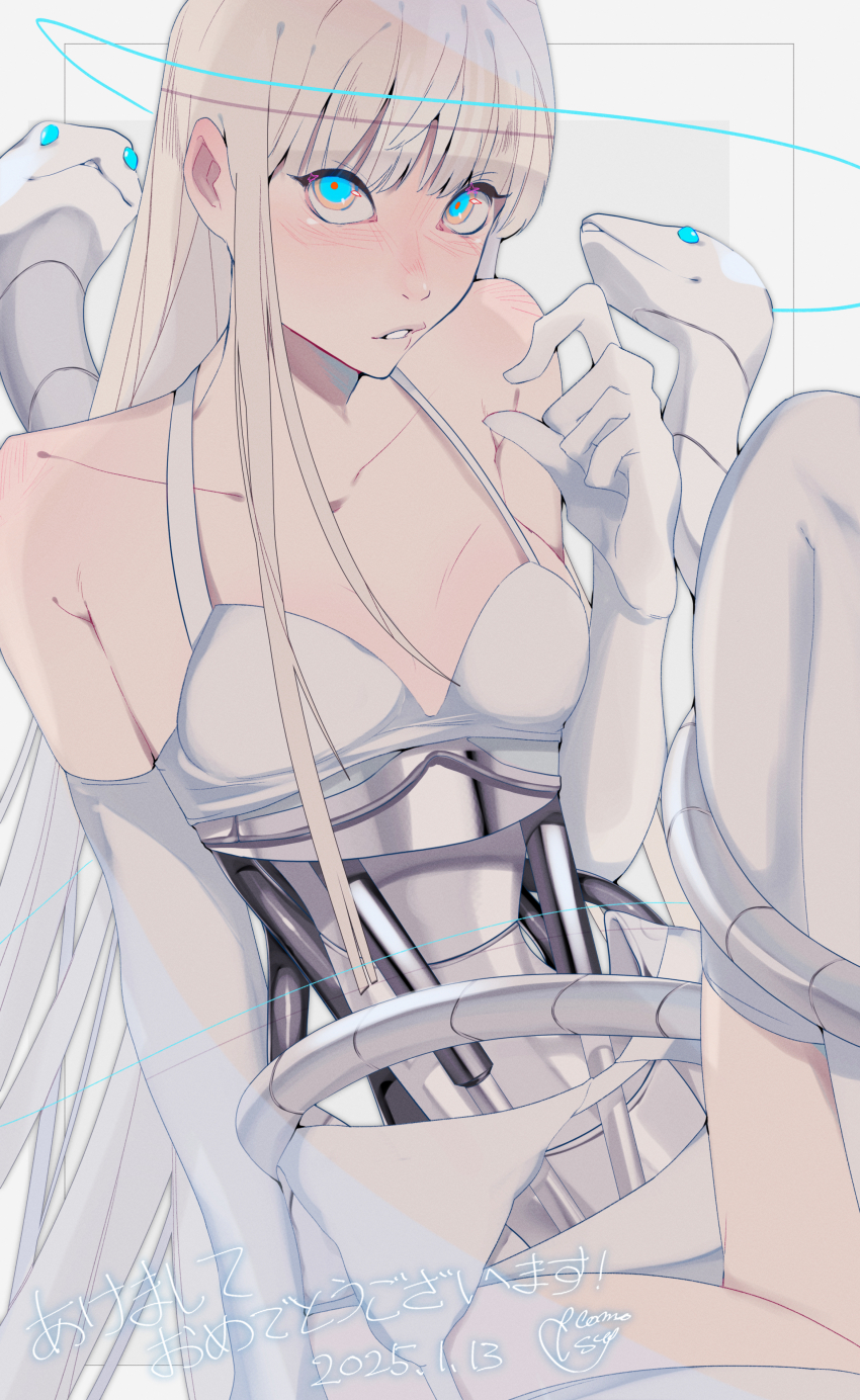 1girl absurdres animal bare_shoulders blonde_hair blue_eyes blush bra clothes_lift dated ecomoesty elbow_gloves exposed_internal_machinery gloves highres mechabare original snake thighhighs underwear white_background white_bra white_gloves white_thighhighs
