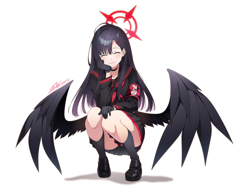 1girl ^_^ black_serafuku black_shoes black_skirt blue_archive closed_eyes full_body hair_ornament hairclip halo highres ichika_(blue_archive) kawakami_shuuichi loafers long_hair long_sleeves red_halo school_uniform serafuku shoes skirt smile solo squatting