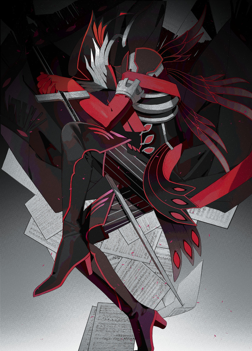 1boy absurdres antonio_salieri_(fate) antonio_salieri_(first_ascension)_(fate) armor black_background black_boots black_pants boots elbow_gloves fate/grand_order fate_(series) fetal_position film_grain full_body gloves gradient_background grey_background high_heel_boots high_heels highres holding holding_sword holding_weapon knee_boots light_particles lying male_focus mask on_side pants petals red_gloves sheet_music simple_background solo sword weapon yukkuri_(fumoyun)