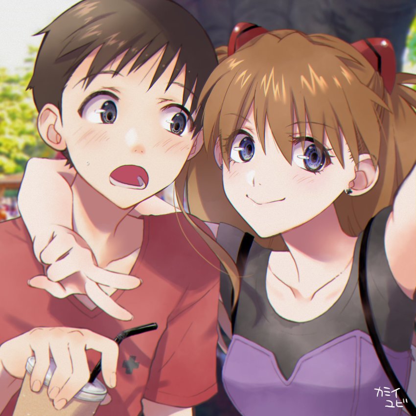 1boy 1girl blouse blue_eyes highres ikari_shinji looking_at_another neon_genesis_evangelion open_mouth outdoors red_shirt selfie shirt smile souryuu_asuka_langley v yubi_kamii