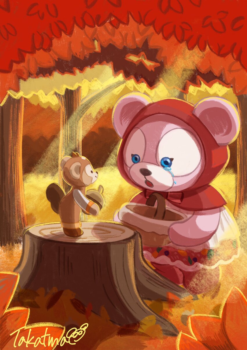 1boy 1girl animal_ears basket duffy_and_friends duffy_the_disney_bear forest highres holding leaf looking_at_viewer maple_leaf maple_tree nature red_hood shelliemay shirt standing stuffed_animal stuffed_toy takatmaorange tears teddy_bear tree